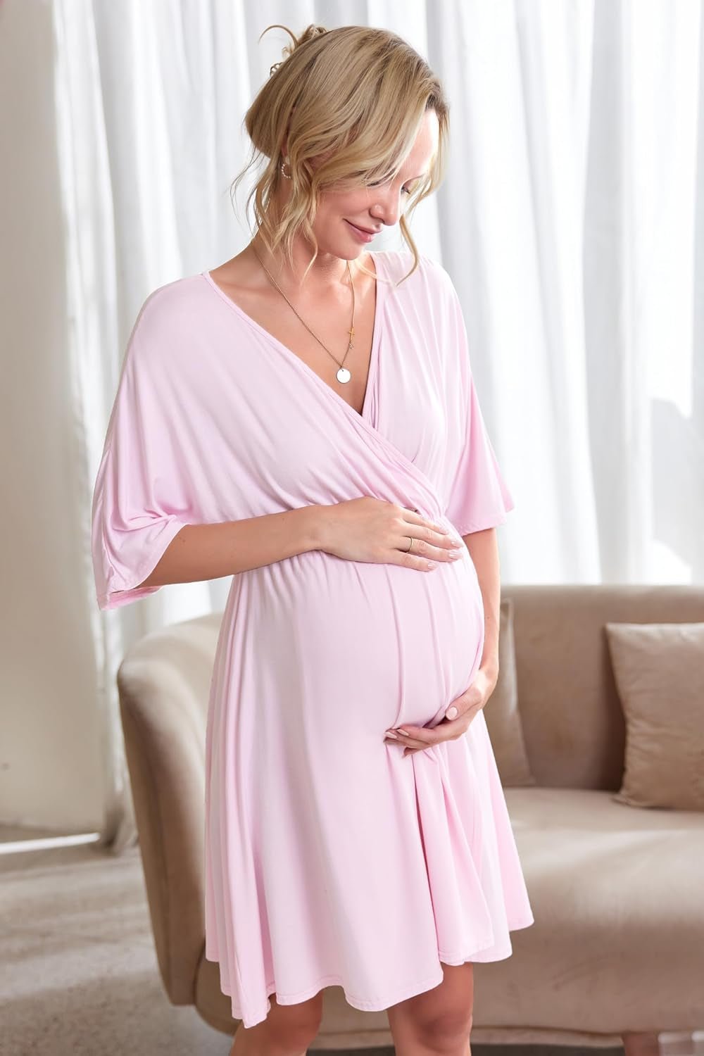 3 in 1 Labor/Delivery/Hospital Gown Maternity Dress Nursing Nightgown Sleepwear for Breastfeeding, Light Pink, Small - myshop