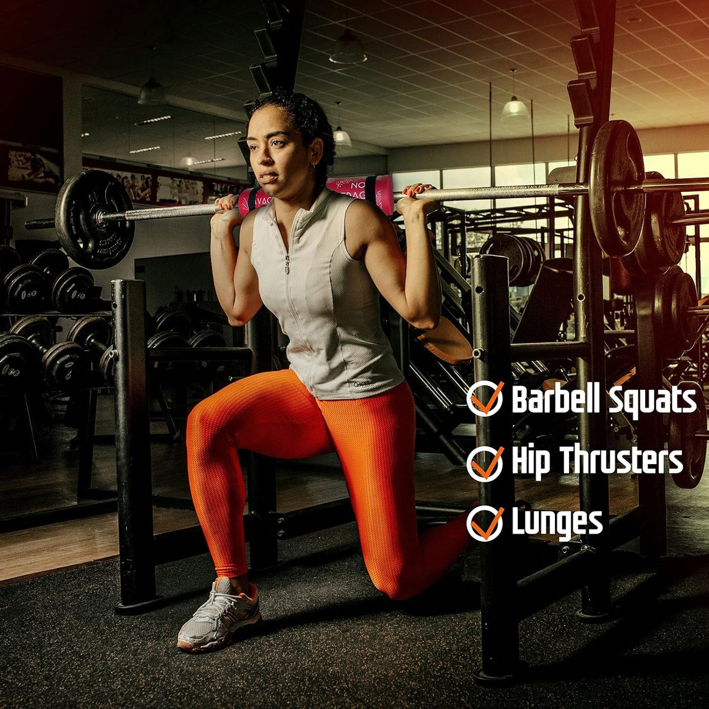 Barbell Squat Pad for Hip Thrusts and Shoulder/Neck Support, Compatible with Olympic and Standard Bars, Includes Straps