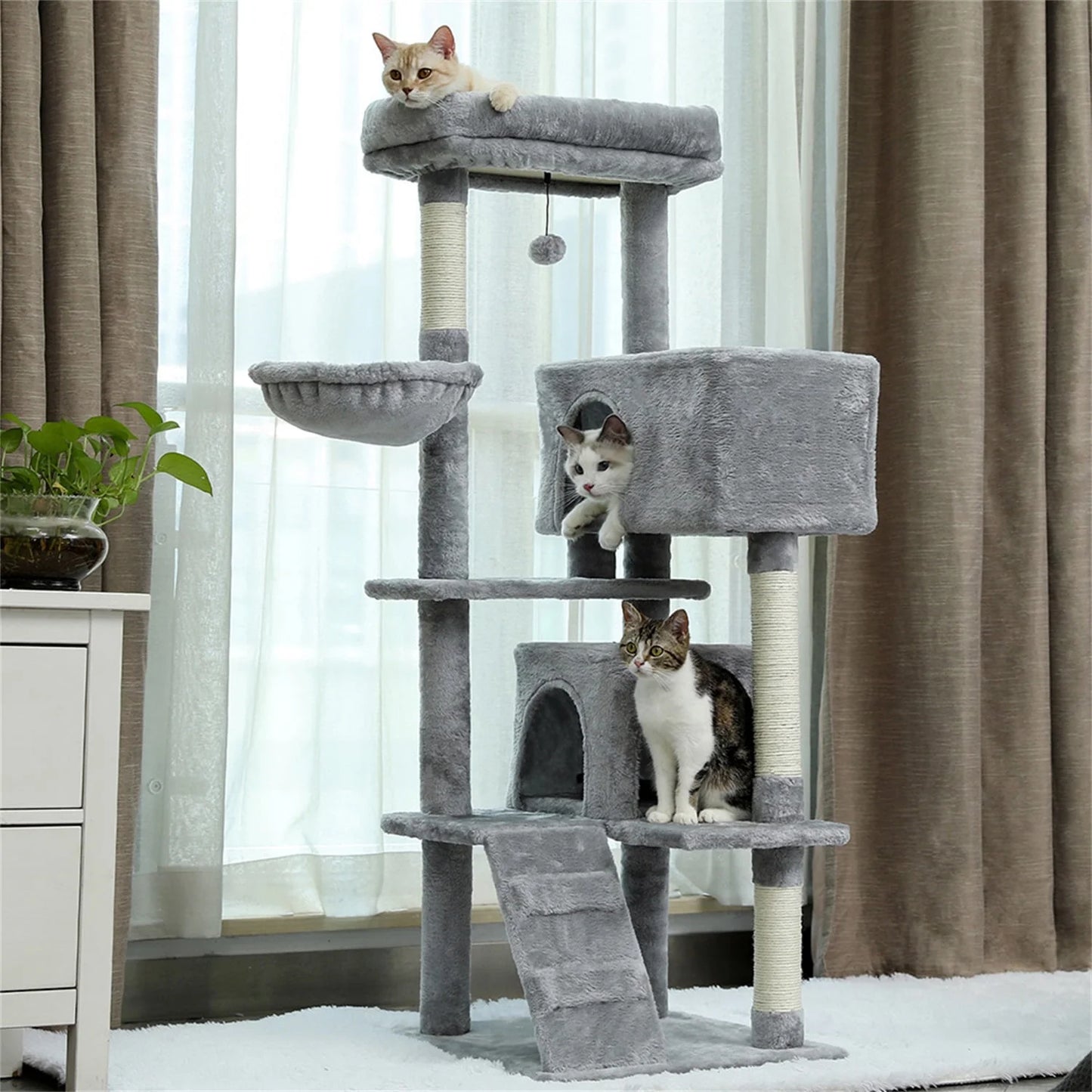 56" Cat Tree for Indoor Cats Cat Condos for Adult Cats with Padded Plush Perch and Cozy Basket Cat Tower for Large Cats , Gray