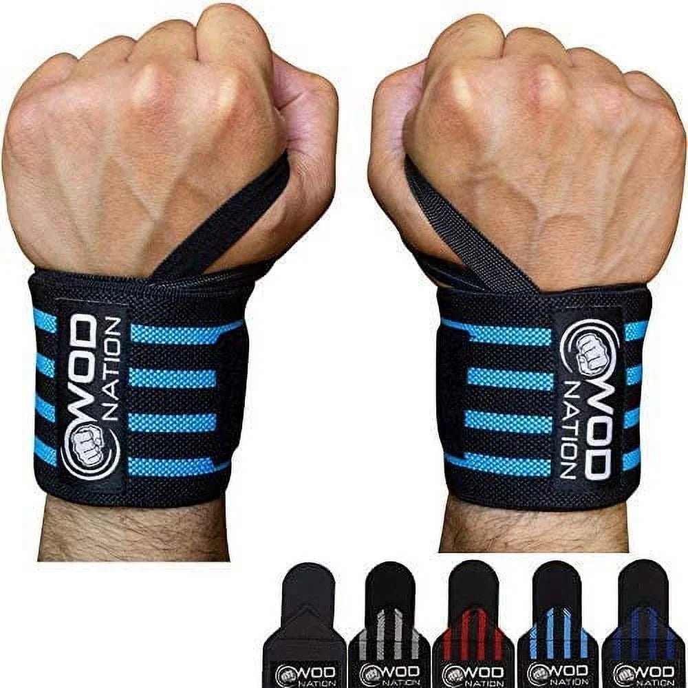12" Weightlifting Wrist Wraps for Men & Women, Set of 2, Black & Light Blue, Wrist Strap Support for Strength Training, Bodybuilding, Weight Training - myshop