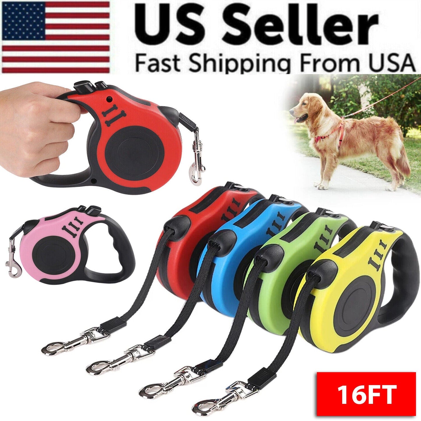 16.5FT Automatic Retractable Dog Leash Pet Collar Automatic Walking Lead Free US - myshop