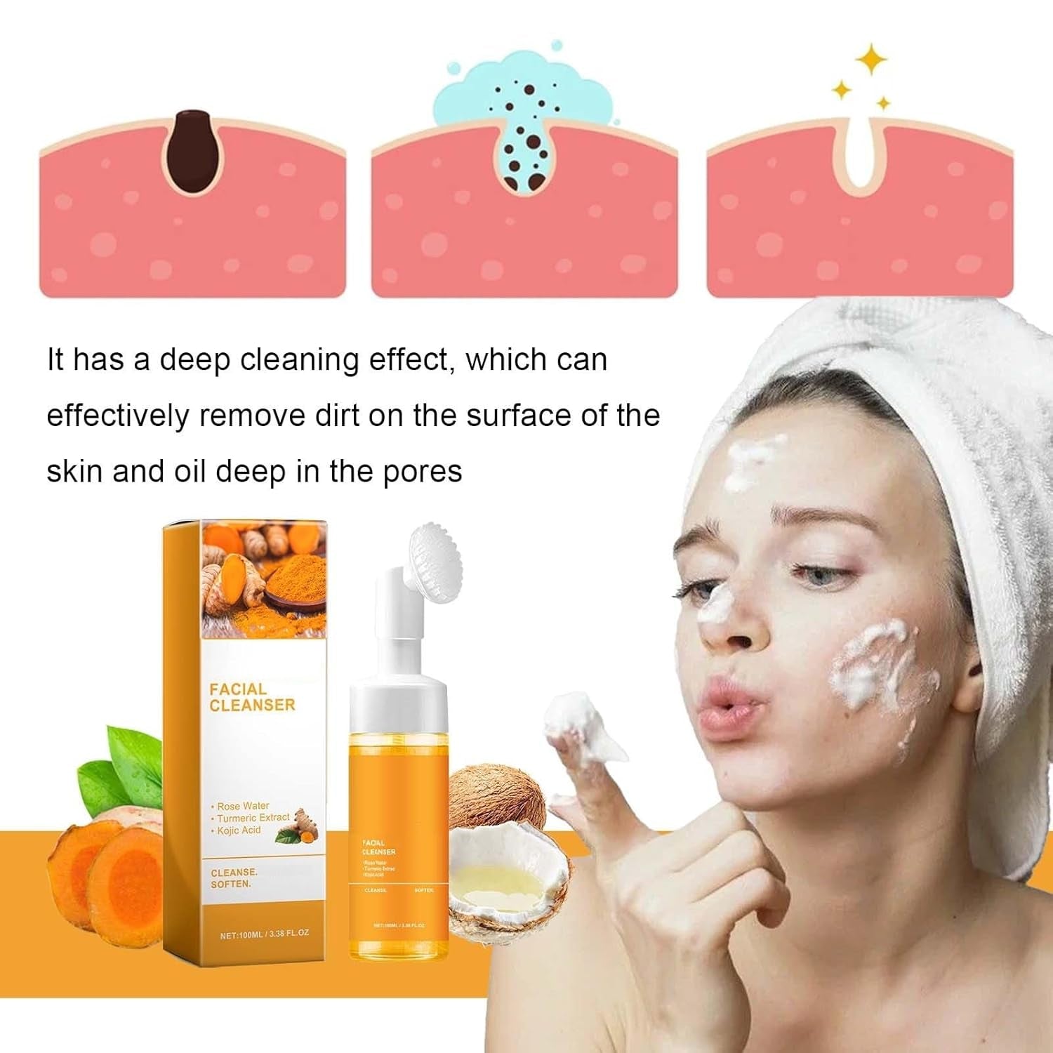 2 Pcs Turmeric Glow Wash Face Wash with Brush, Deep Cleansing Facial Skin Turmeric Foaming Face Wash. - myshop