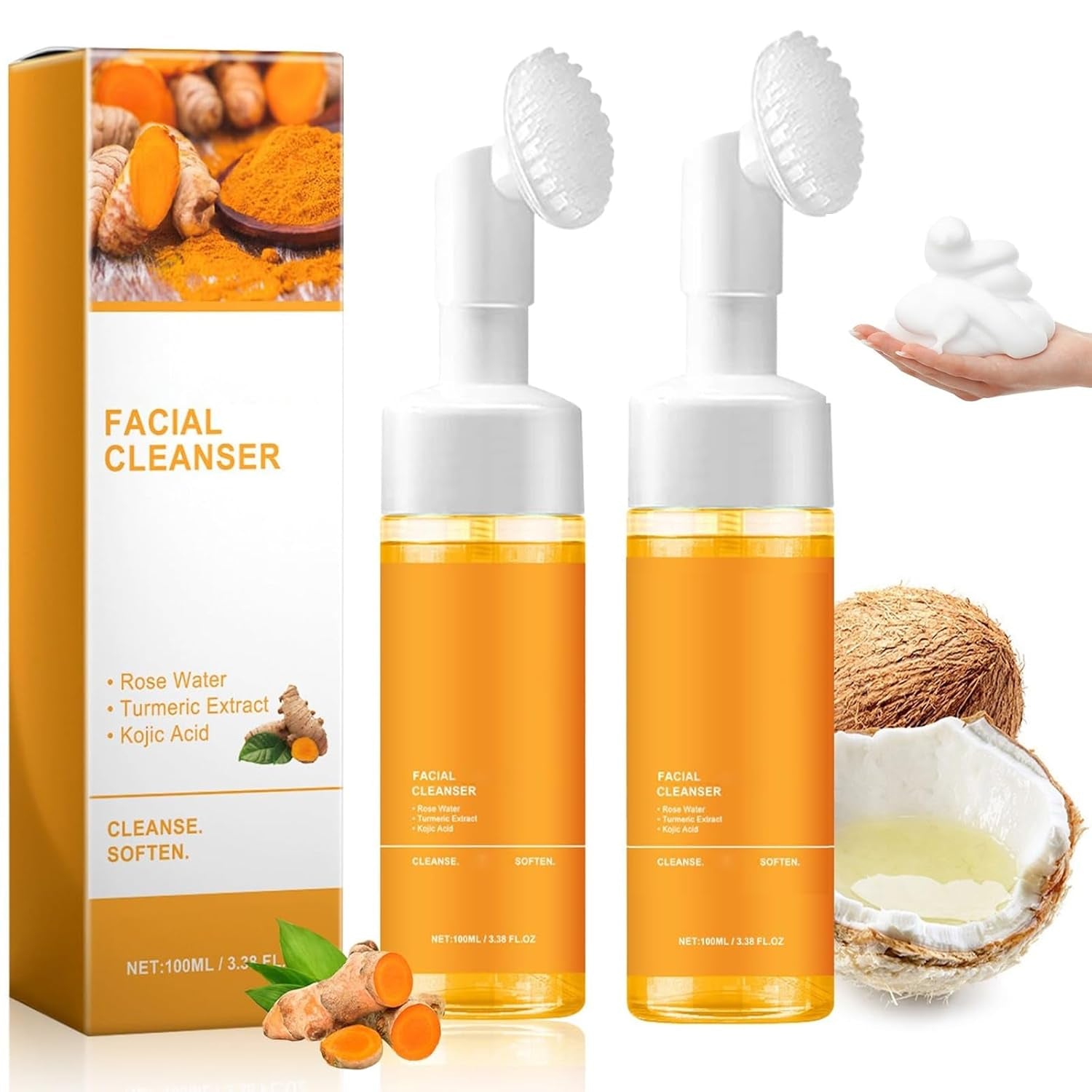 2 Pcs Turmeric Glow Wash Face Wash with Brush, Deep Cleansing Facial Skin Turmeric Foaming Face Wash. - myshop