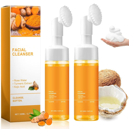2 Pcs Turmeric Glow Wash Face Wash with Brush, Deep Cleansing Facial Skin Turmeric Foaming Face Wash. - myshop