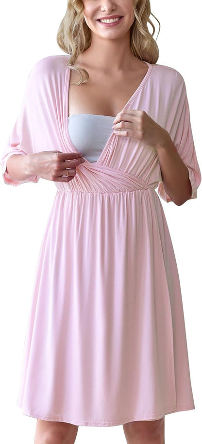 3 in 1 Labor/Delivery/Hospital Gown Maternity Dress Nursing Nightgown Sleepwear for Breastfeeding, Light Pink, Small - myshop
