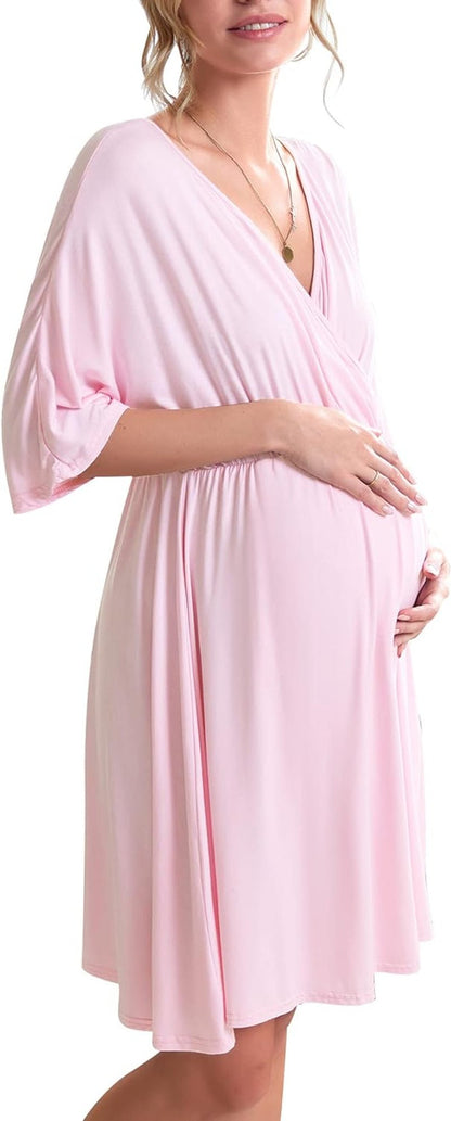 3 in 1 Labor/Delivery/Hospital Gown Maternity Dress Nursing Nightgown Sleepwear for Breastfeeding, Light Pink, Small - myshop