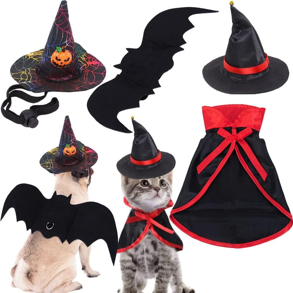 4 Pieces Halloween Pet Costume Set Bat Wings Witch Cloak Wizard Hat for Cats and Small Dogs Cute Puppy Cat Dress up Accessories Cosplay Halloween Party Decorations (Halloween) - myshop