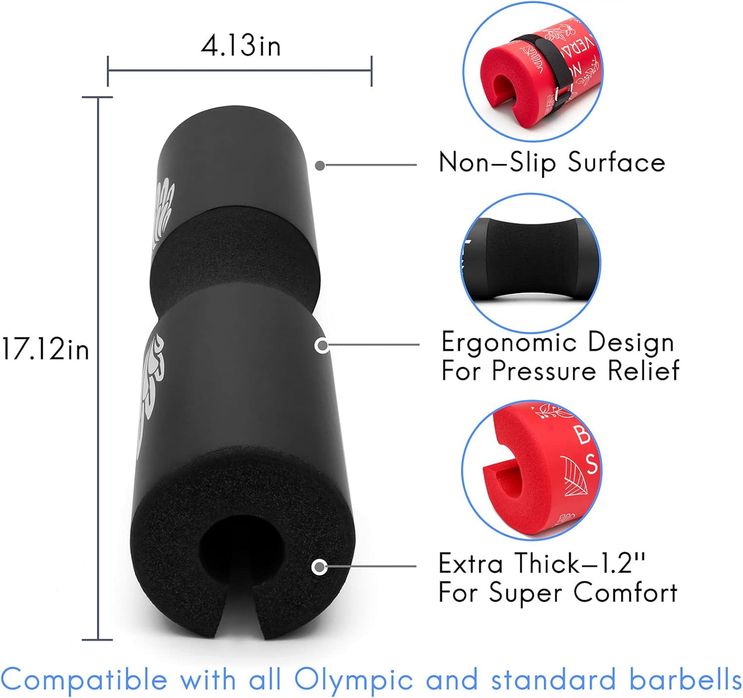 Barbell Squat Pad for Hip Thrusts and Shoulder/Neck Support, Compatible with Olympic and Standard Bars, Includes Straps