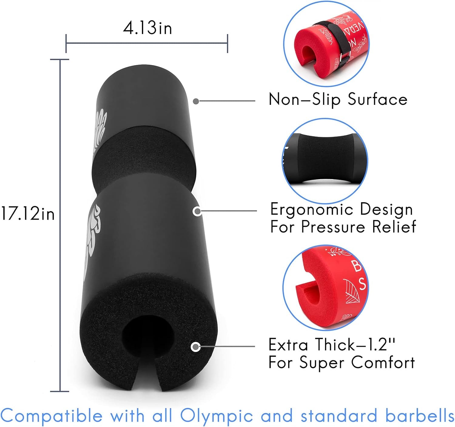 Barbell Squat Pad for Hip Thrusts and Shoulder/Neck Support, Compatible with Olympic and Standard Bars, Includes Straps
