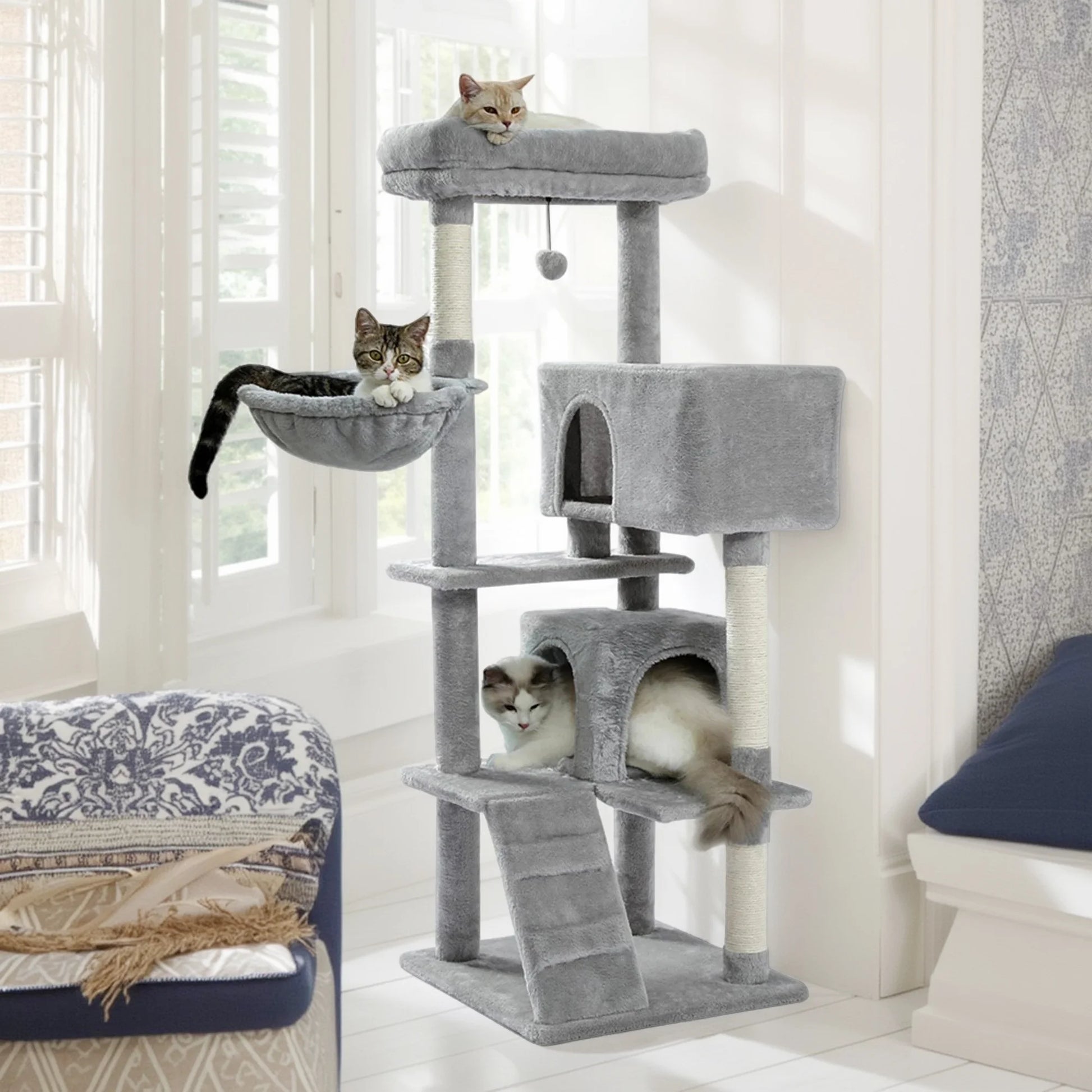 56" Cat Tree for Indoor Cats Cat Condos for Adult Cats with Padded Plush Perch and Cozy Basket Cat Tower for Large Cats , Gray