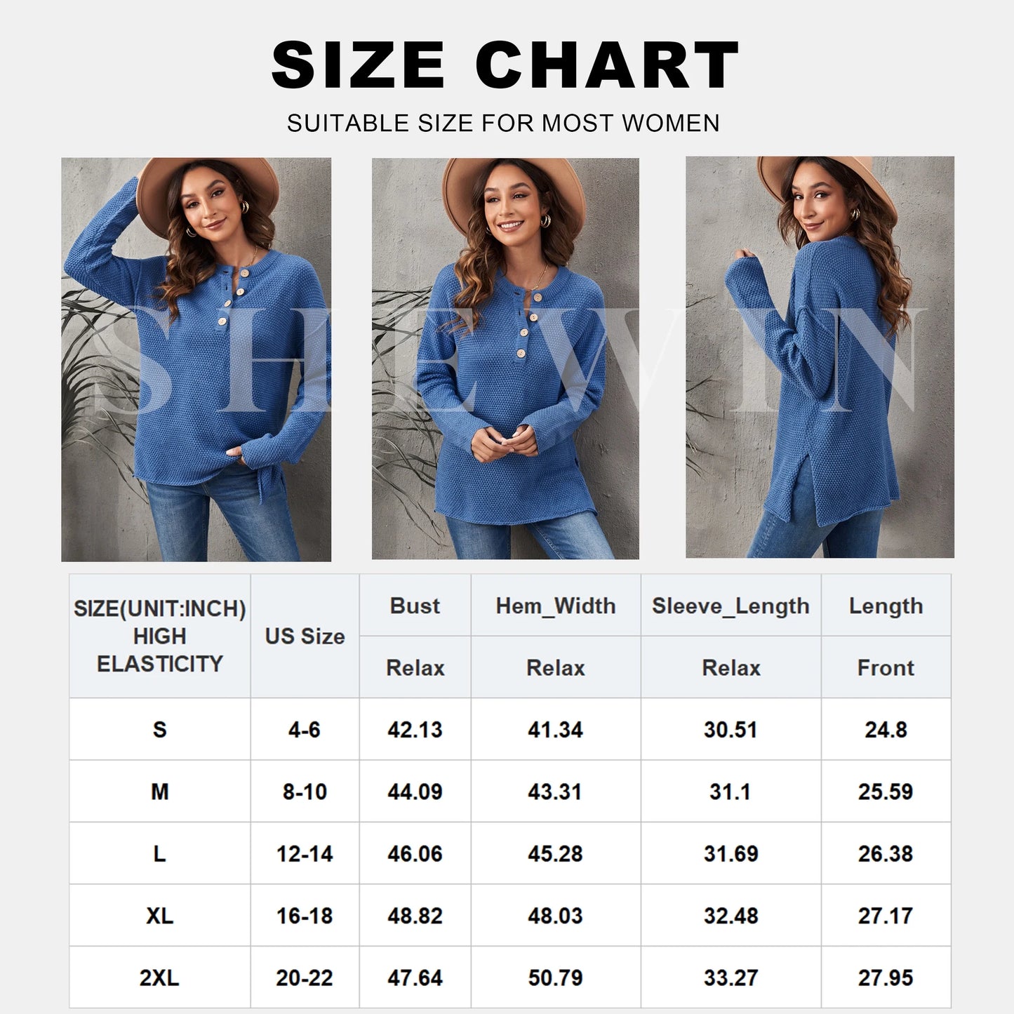 Women Solid Color Sweater Blue Waffle Knit Pullover Side Split Tunic Tops 12 14