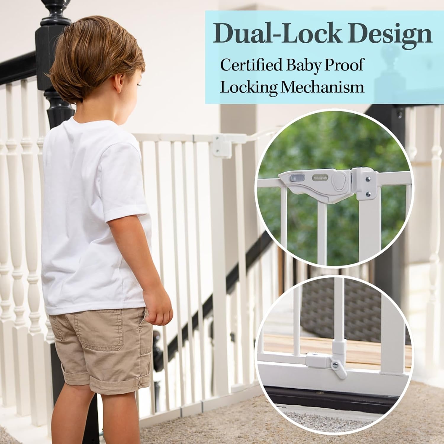 Baby Gate for Stairs and Doorways, 29 - 39.6" W X 30" H Wide Pressure Mounted Gate, Auto - Close Dual Lock Safety Gate, Metal Pet Gate for Dogs, Easy Walk - Through Design for Home,White - myshop