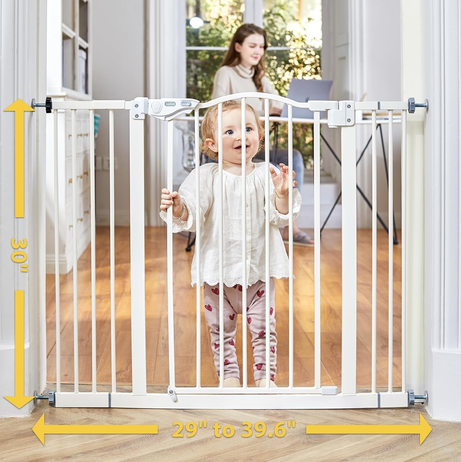 Baby Gate for Stairs and Doorways, 29 - 39.6" W X 30" H Wide Pressure Mounted Gate, Auto - Close Dual Lock Safety Gate, Metal Pet Gate for Dogs, Easy Walk - Through Design for Home,White - myshop