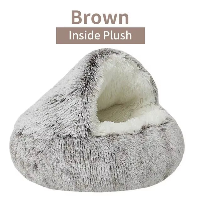 Plush Hooded Pet Bed round Fluffy Soft Cat Bed Pet Cushion Warm Cat Dog 2 in 1 Sleeping Nest Cave for Small Dogs - myshop