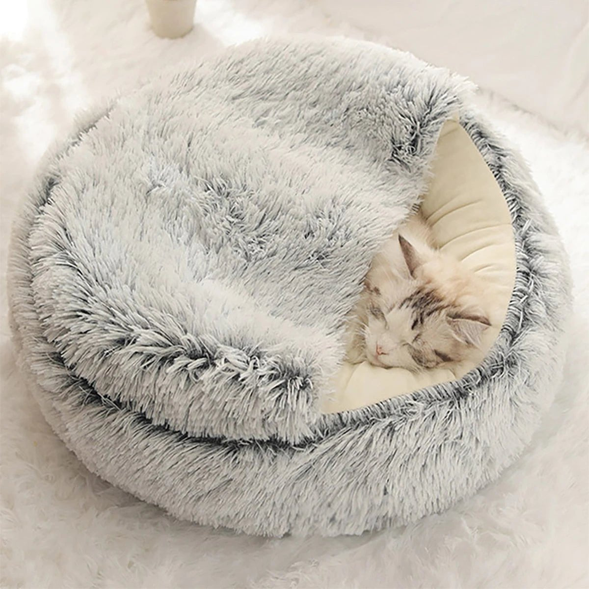 Plush Hooded Pet Bed round Fluffy Soft Cat Bed Pet Cushion Warm Cat Dog 2 in 1 Sleeping Nest Cave for Small Dogs - myshop