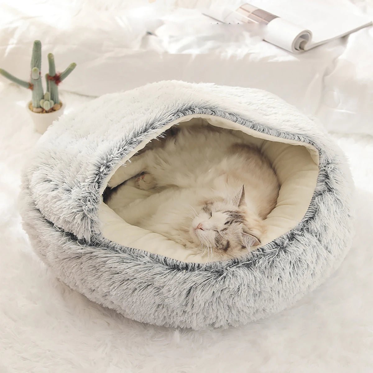 Plush Hooded Pet Bed round Fluffy Soft Cat Bed Pet Cushion Warm Cat Dog 2 in 1 Sleeping Nest Cave for Small Dogs - myshop