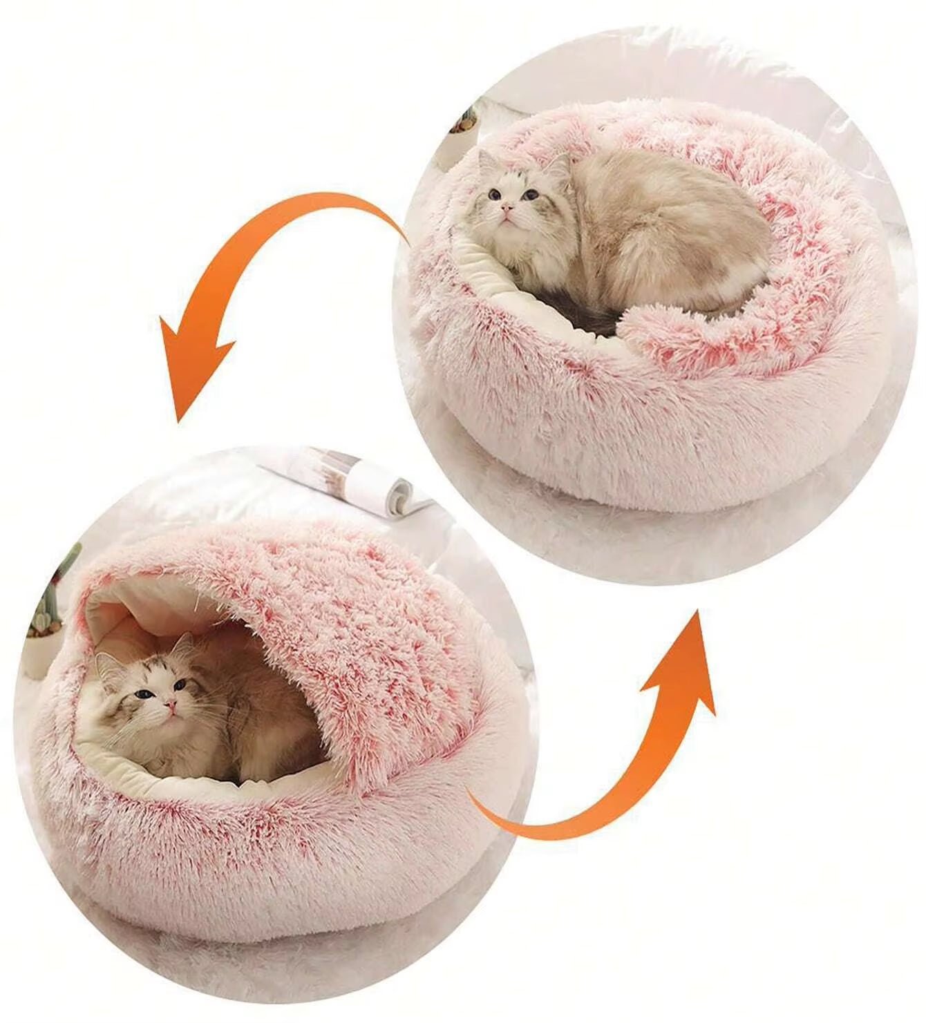 Plush Hooded Pet Bed round Fluffy Soft Cat Bed Pet Cushion Warm Cat Dog 2 in 1 Sleeping Nest Cave for Small Dogs - myshop