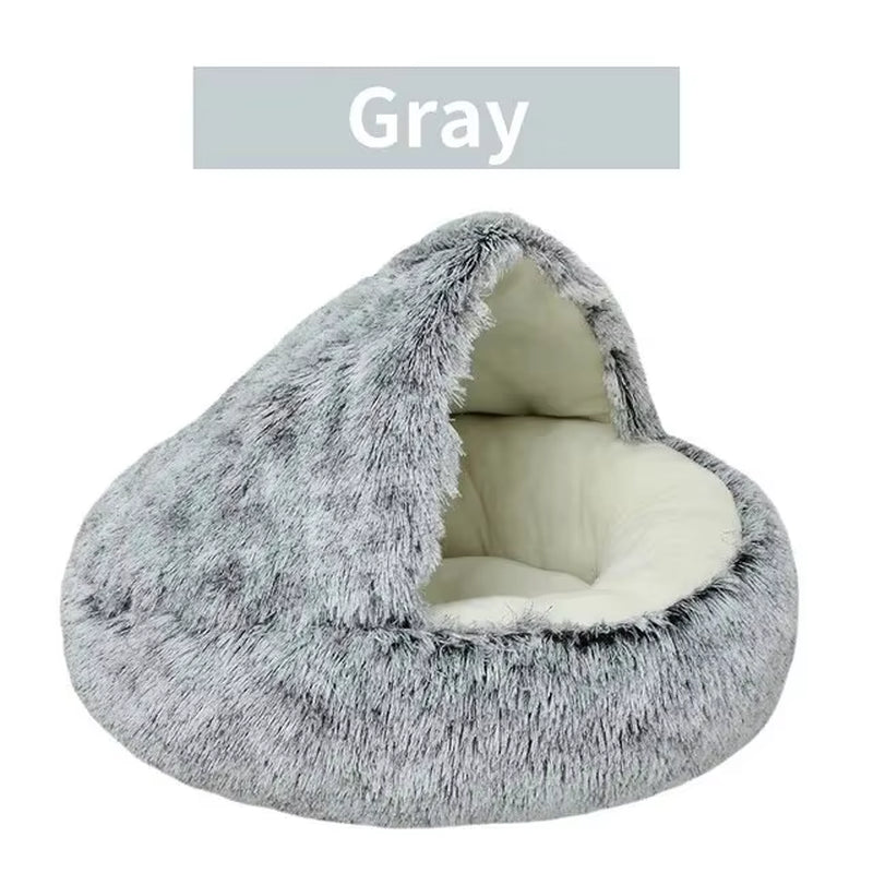 Plush Hooded Pet Bed round Fluffy Soft Cat Bed Pet Cushion Warm Cat Dog 2 in 1 Sleeping Nest Cave for Small Dogs - myshop