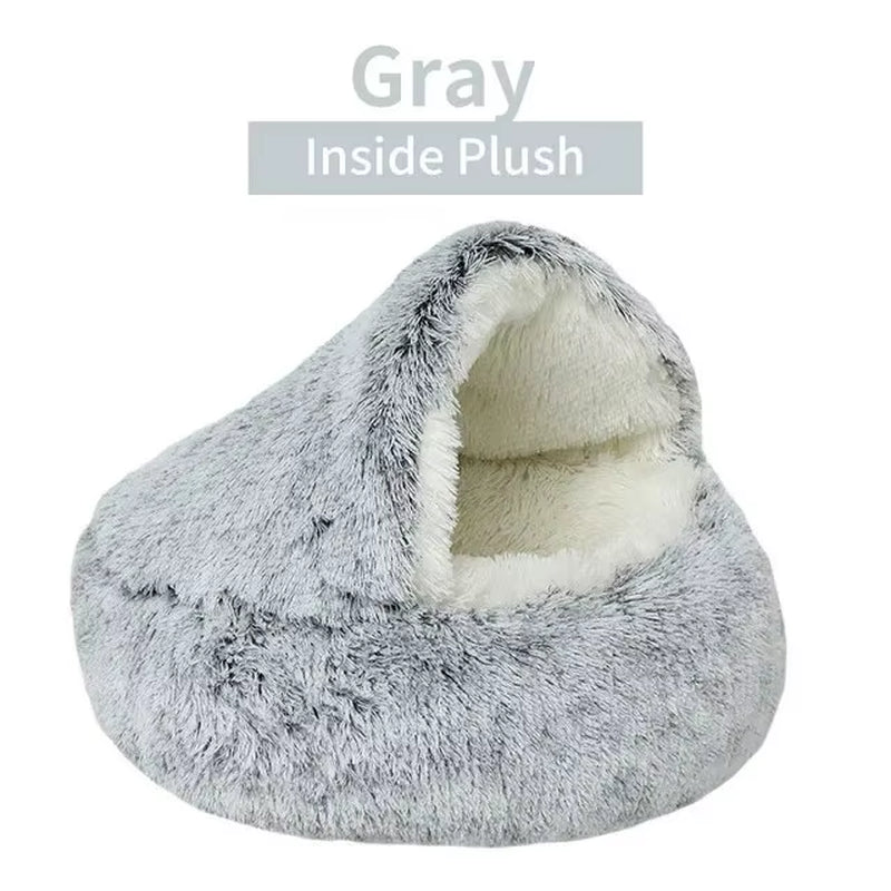 Plush Hooded Pet Bed round Fluffy Soft Cat Bed Pet Cushion Warm Cat Dog 2 in 1 Sleeping Nest Cave for Small Dogs - myshop