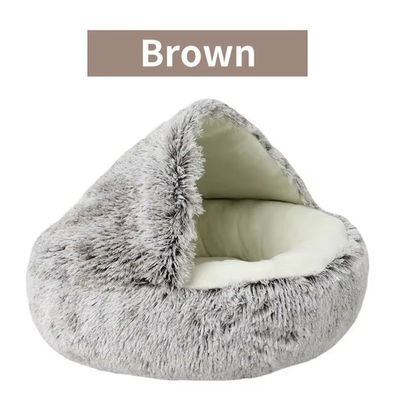 Plush Hooded Pet Bed round Fluffy Soft Cat Bed Pet Cushion Warm Cat Dog 2 in 1 Sleeping Nest Cave for Small Dogs - myshop