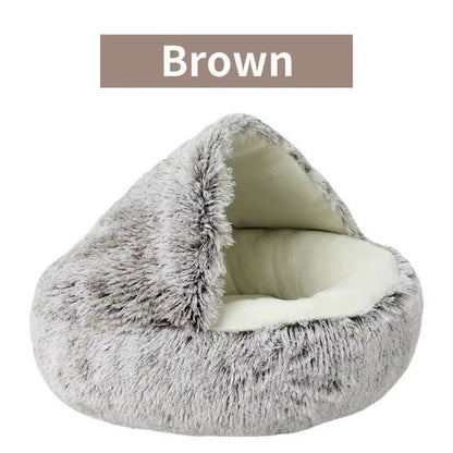 Plush Hooded Pet Bed round Fluffy Soft Cat Bed Pet Cushion Warm Cat Dog 2 in 1 Sleeping Nest Cave for Small Dogs - myshop