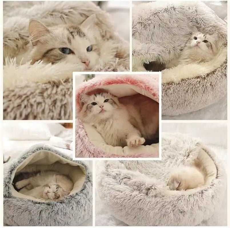 Plush Hooded Pet Bed round Fluffy Soft Cat Bed Pet Cushion Warm Cat Dog 2 in 1 Sleeping Nest Cave for Small Dogs - myshop