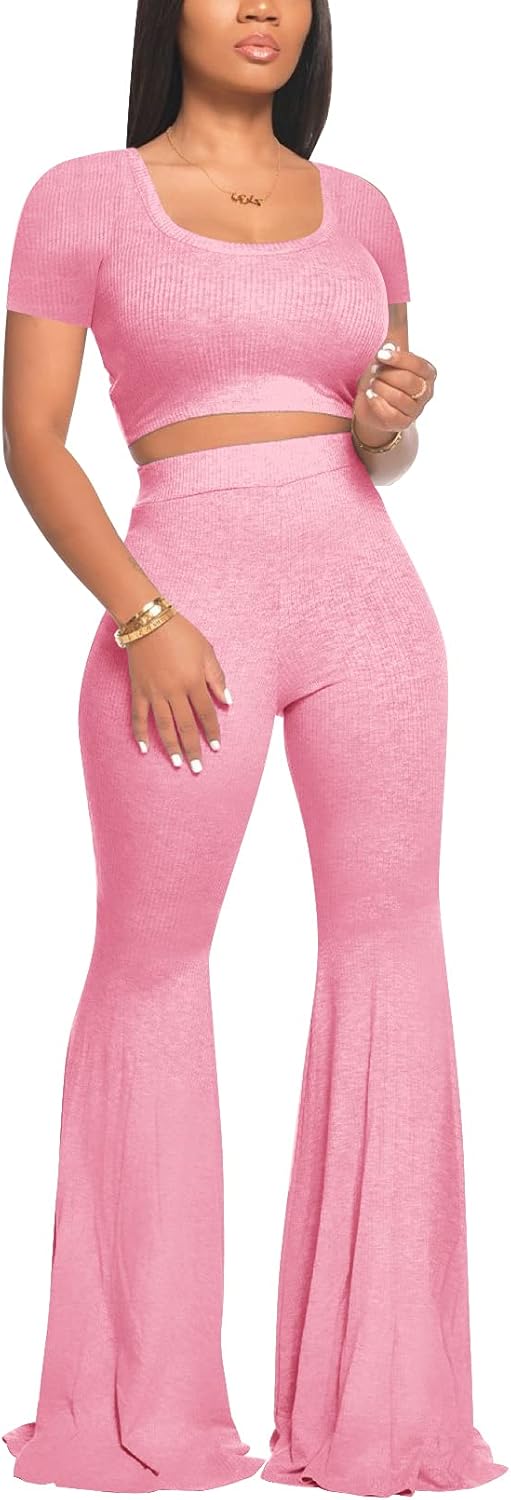 Women's 2 - Piece Workout Set - Stylish Crop Top and High - Waisted Flared Pants for Yoga and Sports - myshop