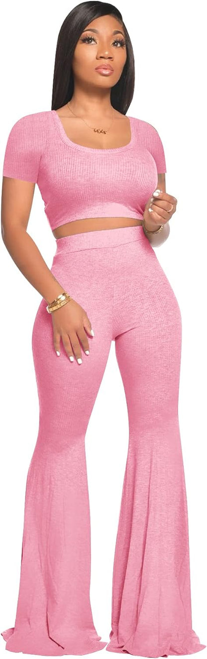 Women's 2 - Piece Workout Set - Stylish Crop Top and High - Waisted Flared Pants for Yoga and Sports - myshop