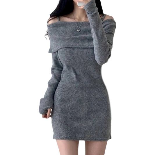 Womens Dresses Spring Fashion Cold Shoulder Lantern Sleeve Casual Plain Long Sleeve Daily Mini Knit Sweater Dress Woman Clothing - myshop