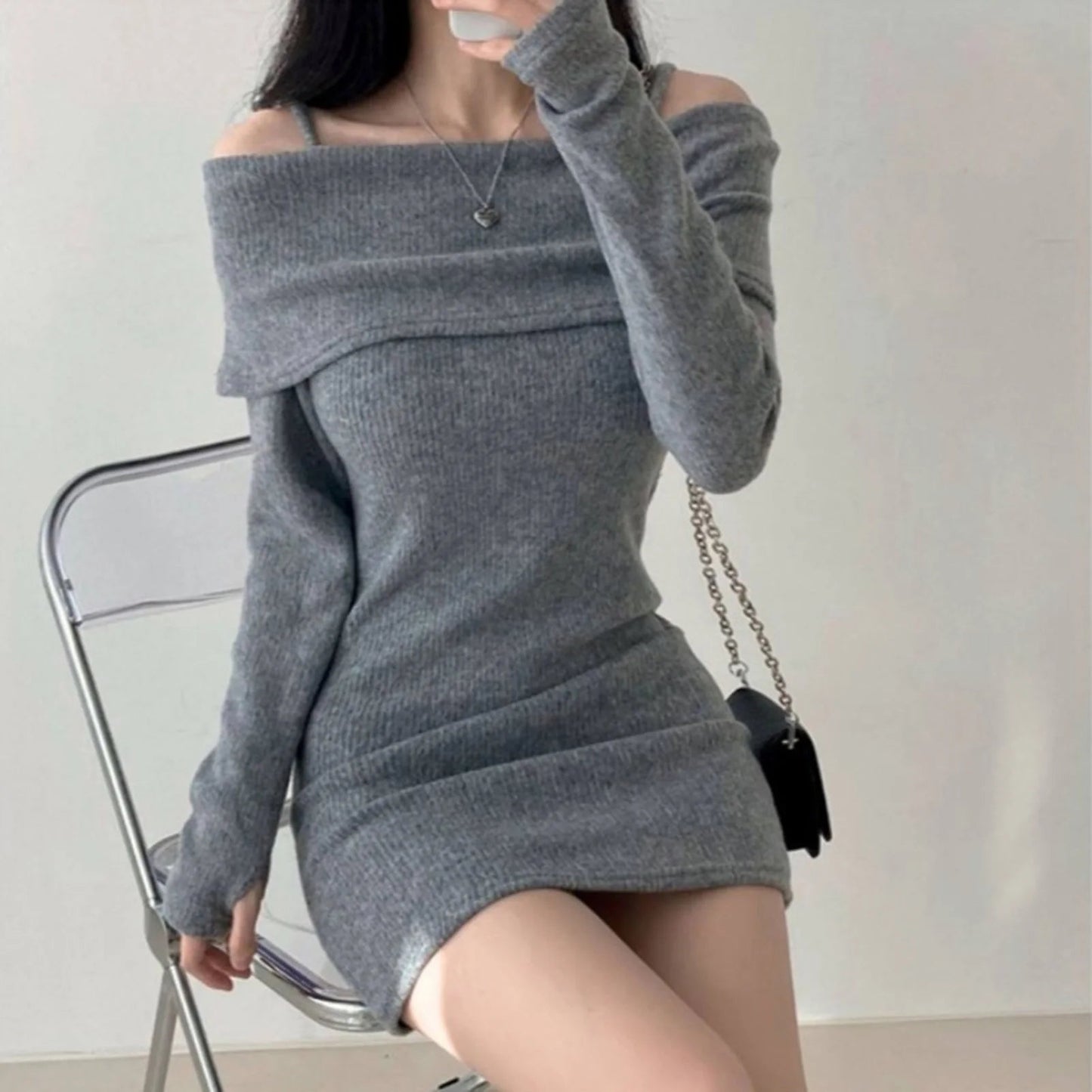 Womens Dresses Spring Fashion Cold Shoulder Lantern Sleeve Casual Plain Long Sleeve Daily Mini Knit Sweater Dress Woman Clothing - myshop