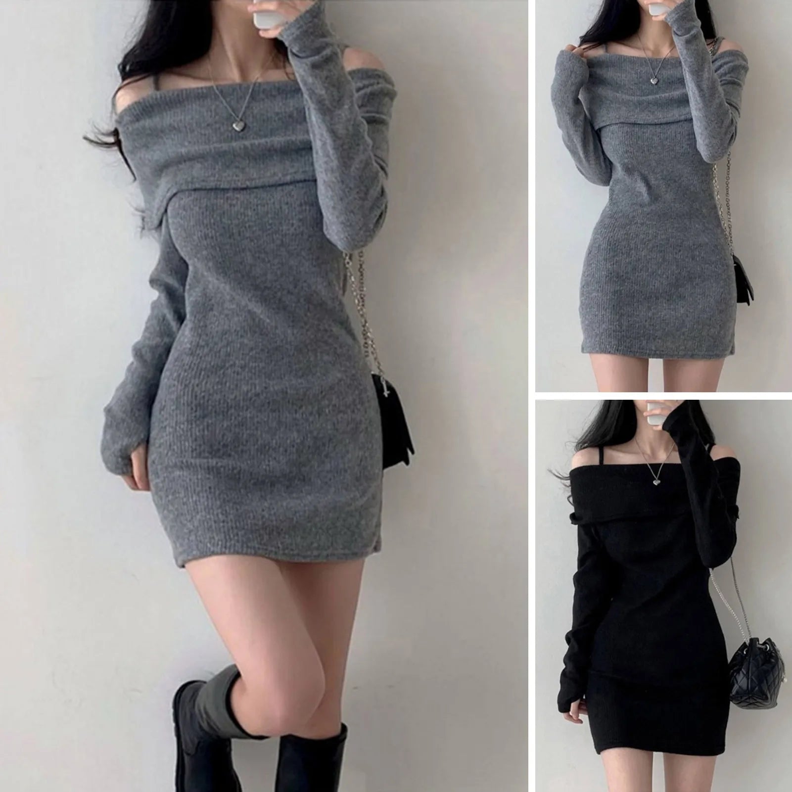 Womens Dresses Spring Fashion Cold Shoulder Lantern Sleeve Casual Plain Long Sleeve Daily Mini Knit Sweater Dress Woman Clothing - myshop