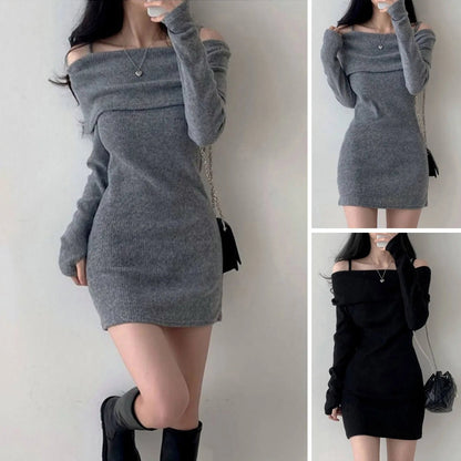 Womens Dresses Spring Fashion Cold Shoulder Lantern Sleeve Casual Plain Long Sleeve Daily Mini Knit Sweater Dress Woman Clothing - myshop