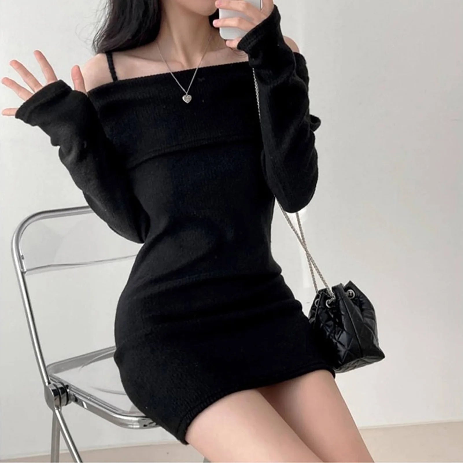Womens Dresses Spring Fashion Cold Shoulder Lantern Sleeve Casual Plain Long Sleeve Daily Mini Knit Sweater Dress Woman Clothing - myshop