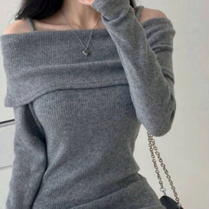 Womens Dresses Spring Fashion Cold Shoulder Lantern Sleeve Casual Plain Long Sleeve Daily Mini Knit Sweater Dress Woman Clothing - myshop