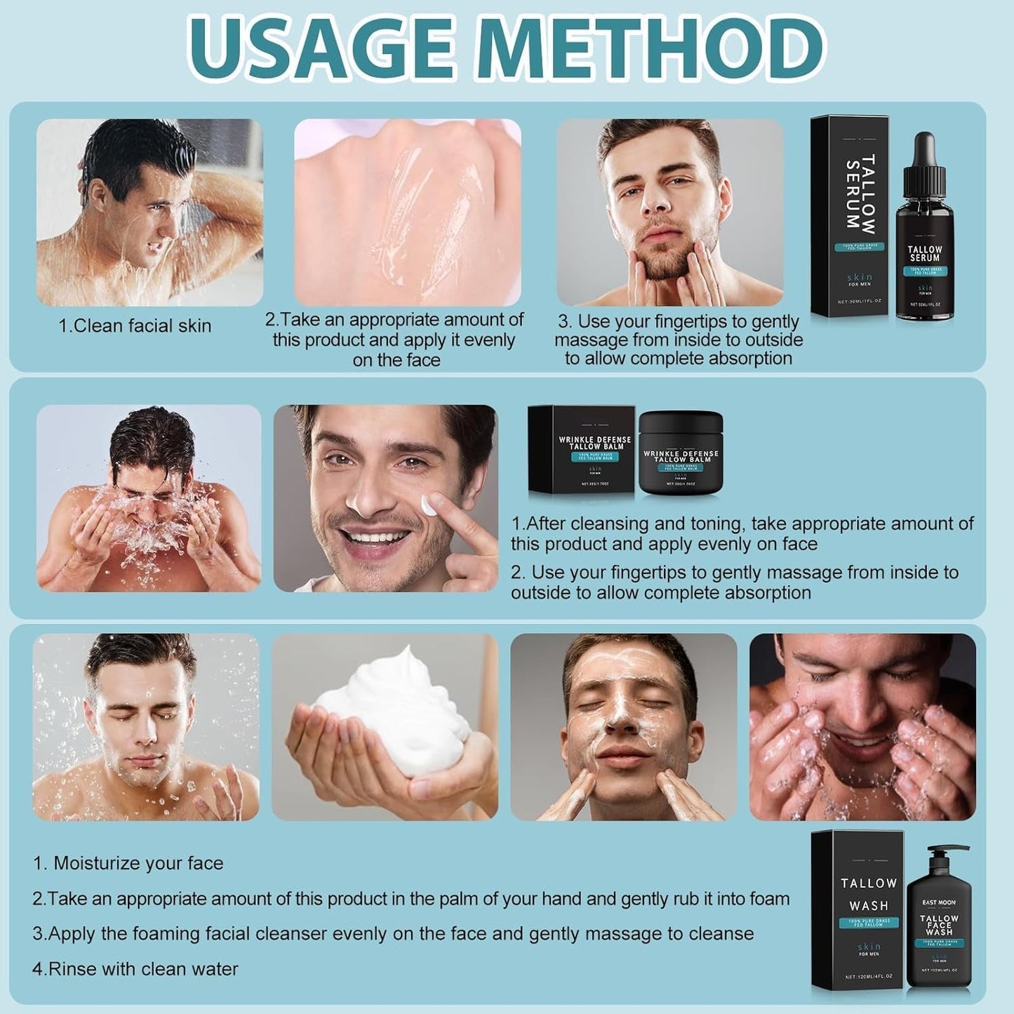 Wrinkle Defense Tallow Balm,Skin Care for Men,Natural Tallow Moisturizer Face,Beef Tallow Balm Face Moisturizer,Diminish Fine Lines,Wrinkles | Mens Skincare Kit(Cream & Face Wash & Night Serum) - myshop