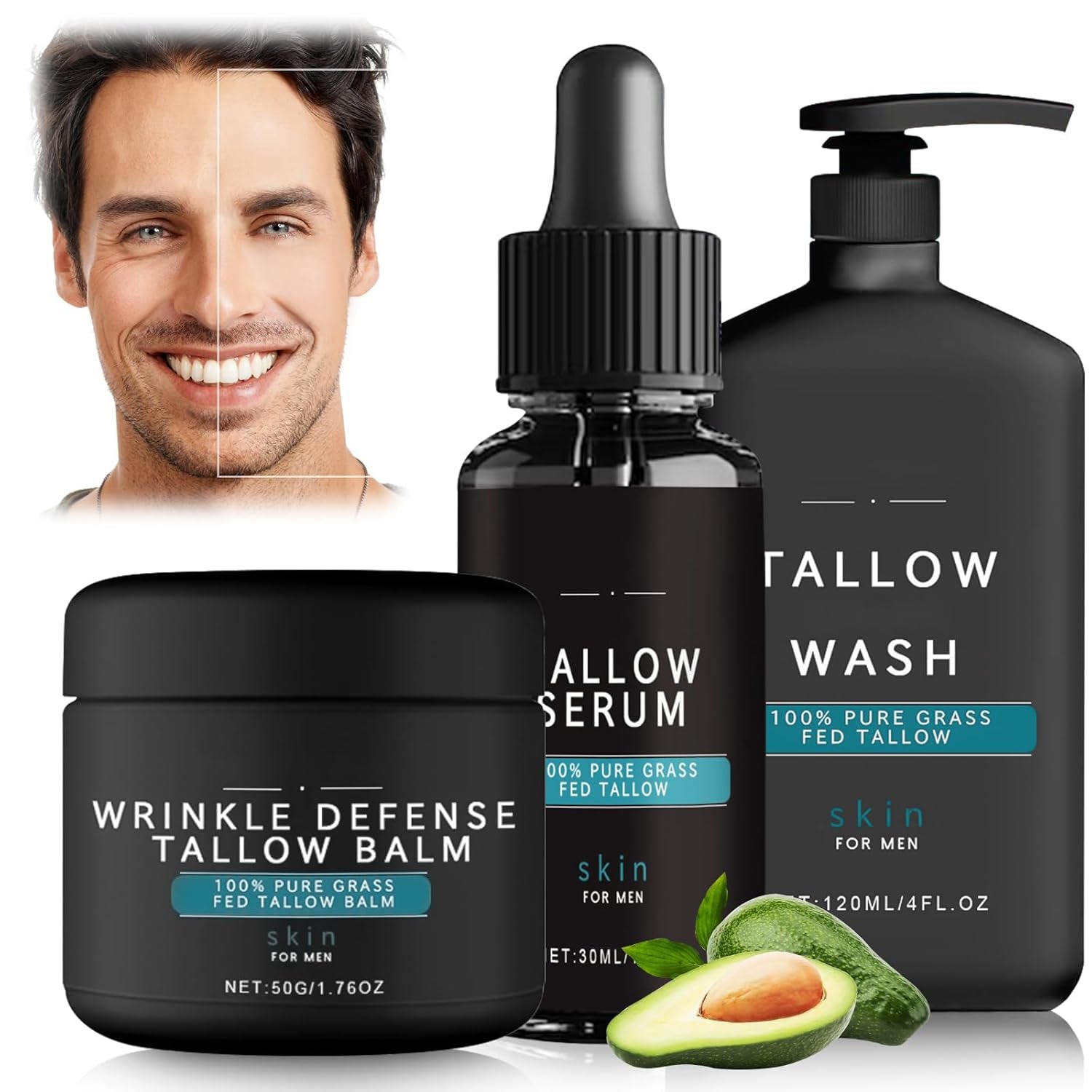 Wrinkle Defense Tallow Balm,Skin Care for Men,Natural Tallow Moisturizer Face,Beef Tallow Balm Face Moisturizer,Diminish Fine Lines,Wrinkles | Mens Skincare Kit(Cream & Face Wash & Night Serum) - myshop