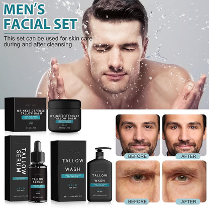 Wrinkle Defense Tallow Balm,Skin Care for Men,Natural Tallow Moisturizer Face,Beef Tallow Balm Face Moisturizer,Diminish Fine Lines,Wrinkles | Mens Skincare Kit(Cream & Face Wash & Night Serum) - myshop
